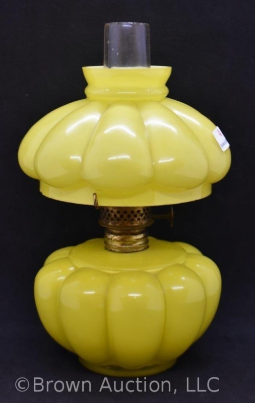 Yellow melon-ribbed cased glass 7" miniature oil lamp