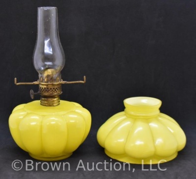 Yellow melon-ribbed cased glass 7" miniature oil lamp - 5