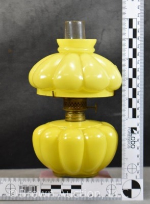 Yellow melon-ribbed cased glass 7" miniature oil lamp - 9