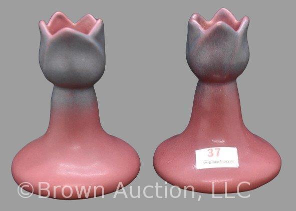 Pair of Van Briggle 3.75"h tulip-shaped candleholders, maroon