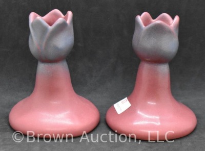 Pair of Van Briggle 3.75"h tulip-shaped candleholders, maroon - 2