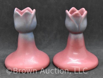 Pair of Van Briggle 3.75"h tulip-shaped candleholders, maroon - 3