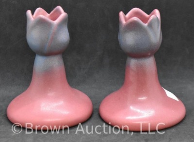 Pair of Van Briggle 3.75"h tulip-shaped candleholders, maroon - 4