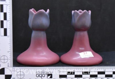 Pair of Van Briggle 3.75"h tulip-shaped candleholders, maroon - 6