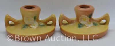 Pair of Roseville Mock Orange 951-2" candleholders, yellow