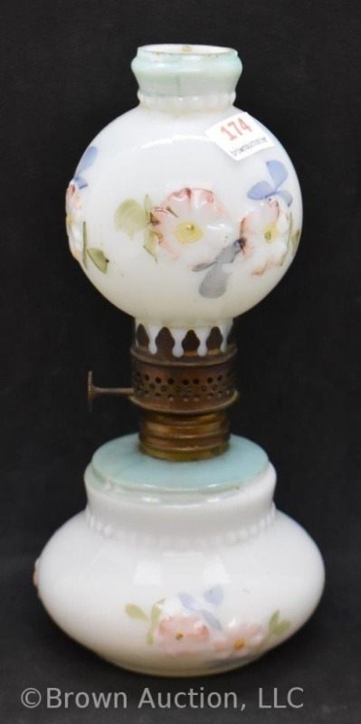 Miniature Oil lamp, embossed and painted milkglass