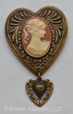 Victorian cameo on dark peach background heart-shaped brooch