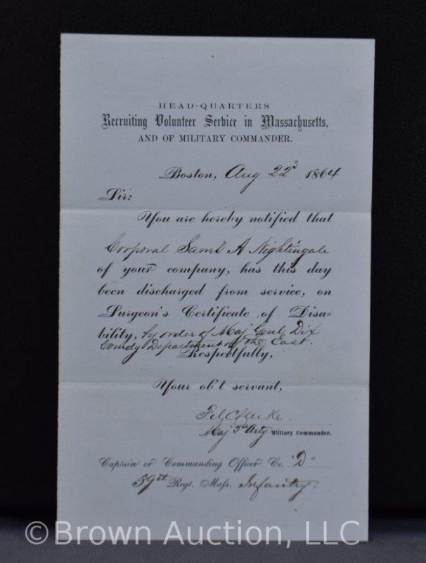 Aug. 22, 1864 Notice of Discharge of Recruiting Volunteer Service in Mass.