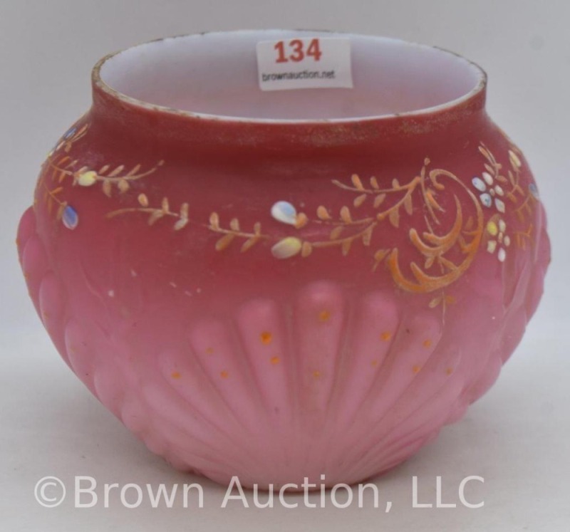 Victorian pink satin Shell and Seaweed pattern enameled 3.5"h floral bowl