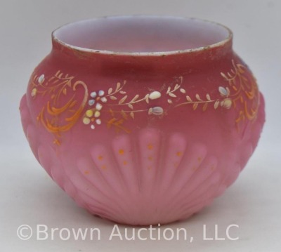 Victorian pink satin Shell and Seaweed pattern enameled 3.5"h floral bowl - 3