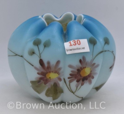 Art Glass melon-shaped 3.5"h rose bowl, handpainted flowers on blue