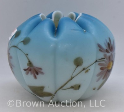 Art Glass melon-shaped 3.5"h rose bowl, handpainted flowers on blue - 2