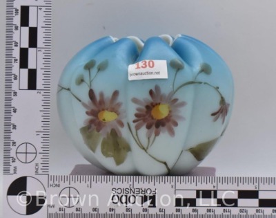 Art Glass melon-shaped 3.5"h rose bowl, handpainted flowers on blue - 6