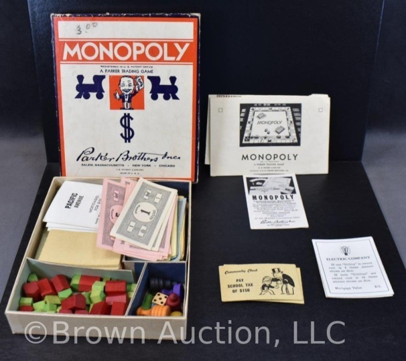 1940 Monopoly game box with money, cards and pieces