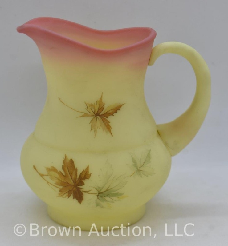 Fenton Burmese 4.5"h pitcher, handpainted Autumn Leaves