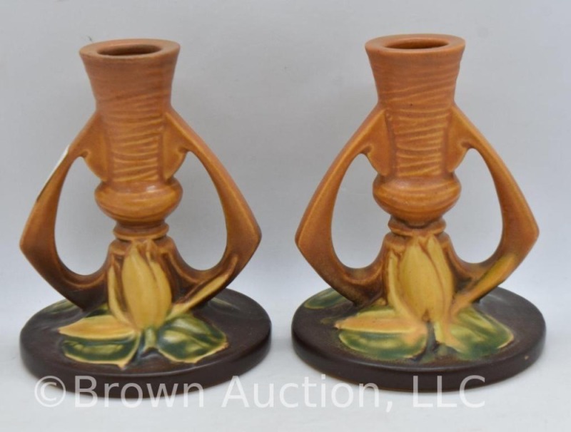 Pair of Roseville Water Lily 1155-4.5" candlesticks, brown