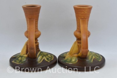 Pair of Roseville Water Lily 1155-4.5" candlesticks, brown - 2