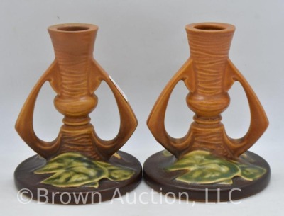 Pair of Roseville Water Lily 1155-4.5" candlesticks, brown - 3