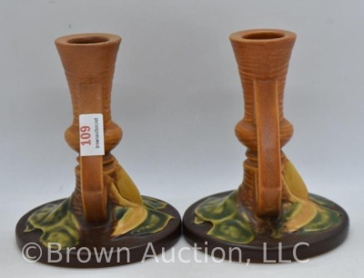 Pair of Roseville Water Lily 1155-4.5" candlesticks, brown - 4