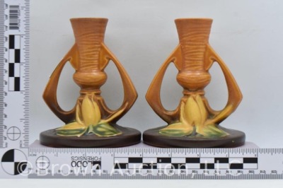 Pair of Roseville Water Lily 1155-4.5" candlesticks, brown - 7