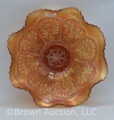 Carnival Glass Peacock and Grapes 8.5"d bowl, marigold - 4