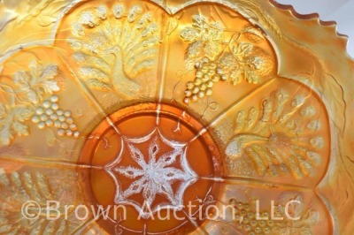 Carnival Glass Peacock and Grapes 8.5"d bowl, marigold - 8