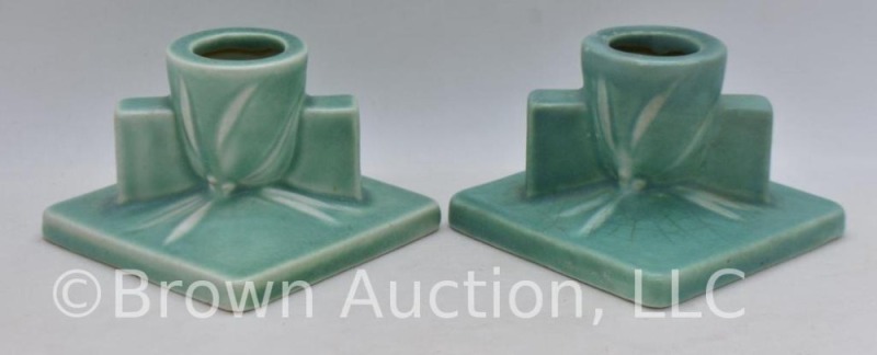 Pair of Roseville Dawn 1121-2" candleholders, bluish green