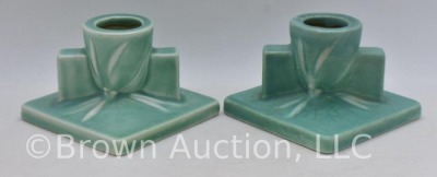 Pair of Roseville Dawn 1121-2" candleholders, bluish green