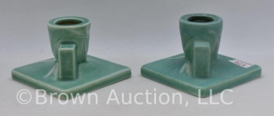 Pair of Roseville Dawn 1121-2" candleholders, bluish green - 2