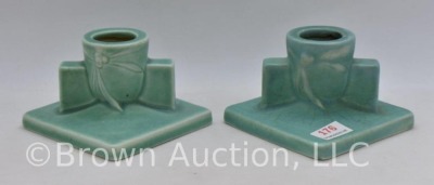 Pair of Roseville Dawn 1121-2" candleholders, bluish green - 3