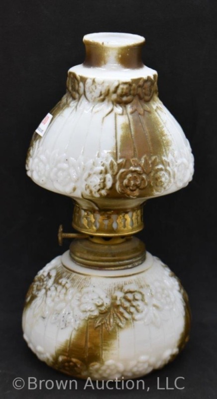 Miniature Oil lamp, embossed and painted milkglass