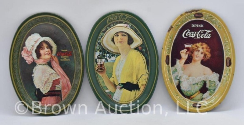 (3) Reproduction Coca-Cola advertising metal tip trays