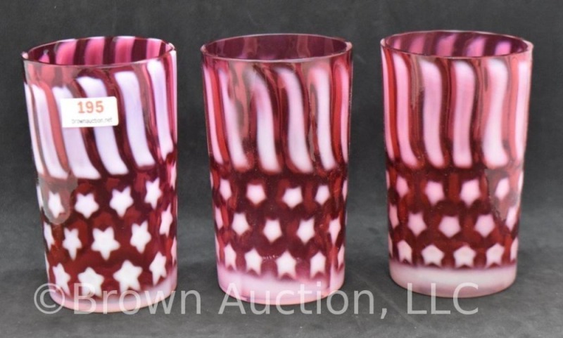 (3) Fenton cranberry opalescent Stars and Stripes tumblers