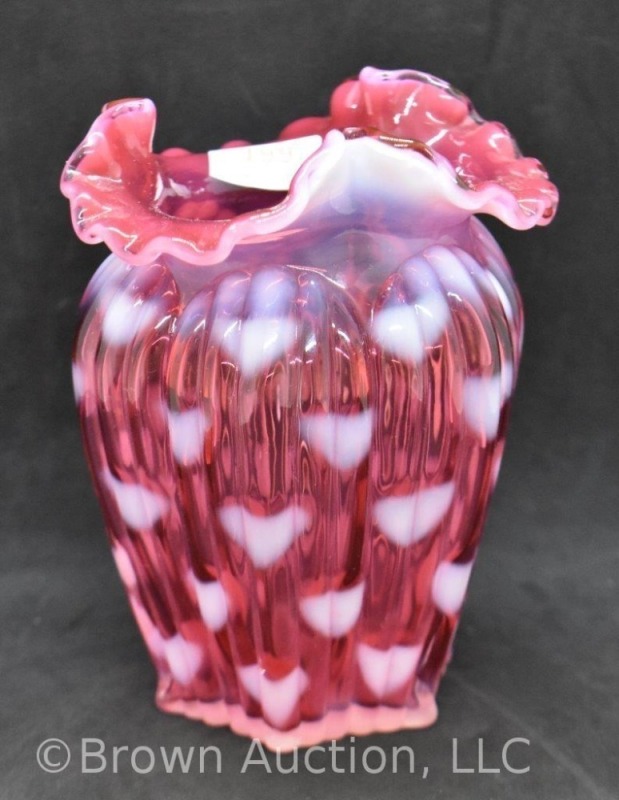 Fenton Cranberry opalescent Hearts vase