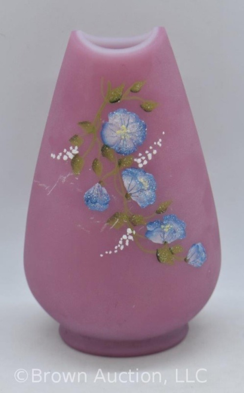 Fenton Rose Quartz 4.75" vase with handpainted blue Morning Glories