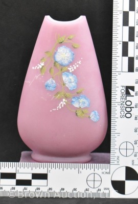 Fenton Rose Quartz 4.75" vase with handpainted blue Morning Glories - 9