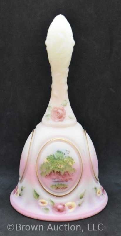 Fenton pink satin bell, landscape scene in medallion