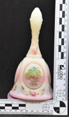 Fenton pink satin bell, landscape scene in medallion - 8