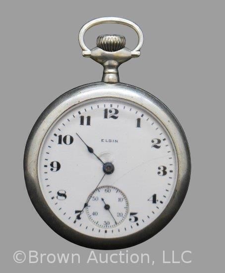 Elgin silver open face pocket watch, etched stag, winds and works