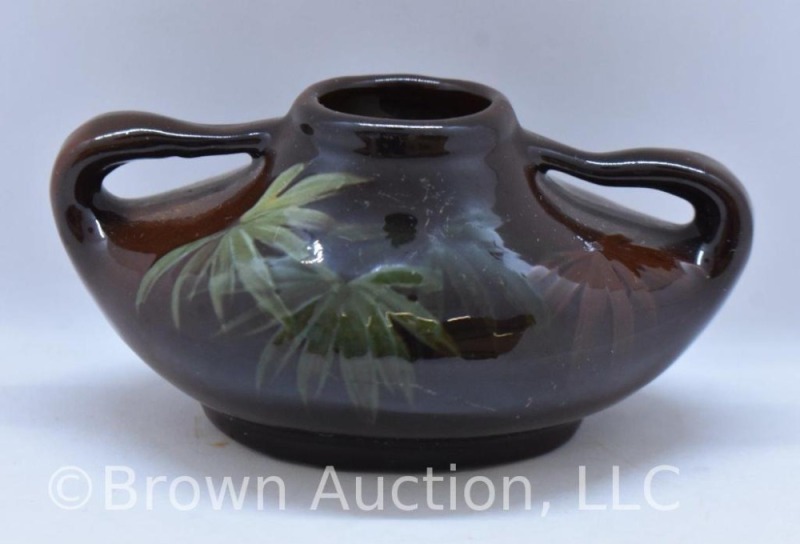 Mrkd. Weller Louwelsa 2"h dbl. handled squatty vase, hp leaves