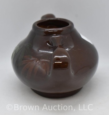 Mrkd. Weller Louwelsa 2"h dbl. handled squatty vase, hp leaves - 2