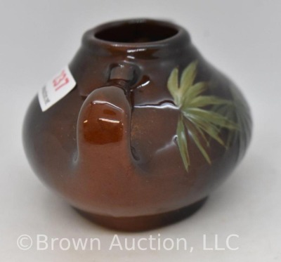 Mrkd. Weller Louwelsa 2"h dbl. handled squatty vase, hp leaves - 4