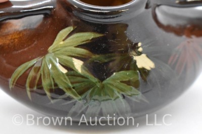 Mrkd. Weller Louwelsa 2"h dbl. handled squatty vase, hp leaves - 5