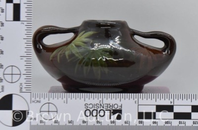 Mrkd. Weller Louwelsa 2"h dbl. handled squatty vase, hp leaves - 7