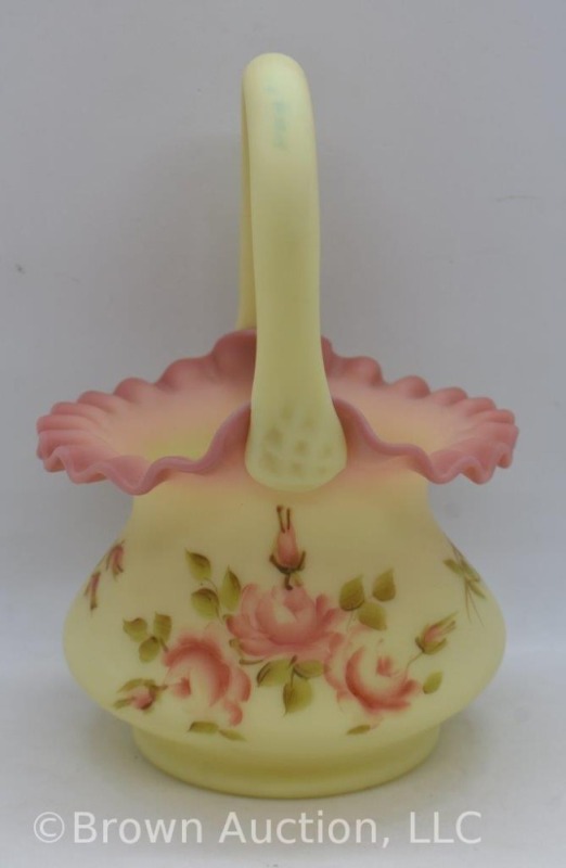 Fenton Burmese basket, handpainted pink roses