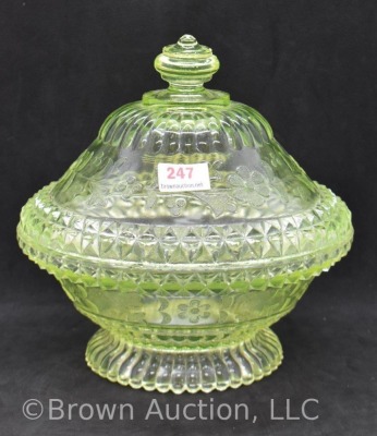 EAPG Vaseline 6"h cov. compote, floral design - 2