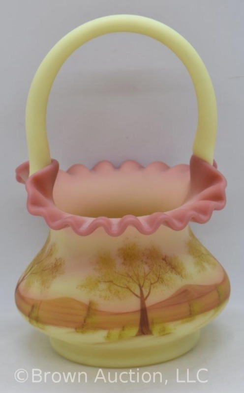 Fenton Burmese basket, handpainted landscape cene