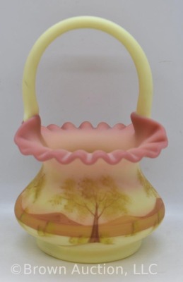 Fenton Burmese basket, handpainted landscape cene - 3