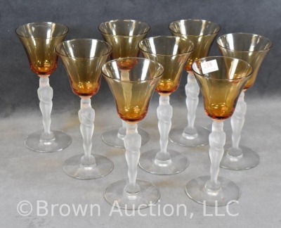 (8) Amber wine glasses with frosted nude stems, 6.5"h