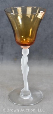 (8) Amber wine glasses with frosted nude stems, 6.5"h - 3